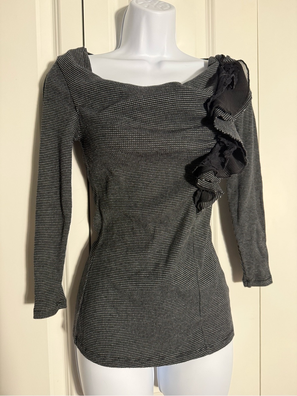 Deletta Black and White Striped Knit Top with Lace Trim